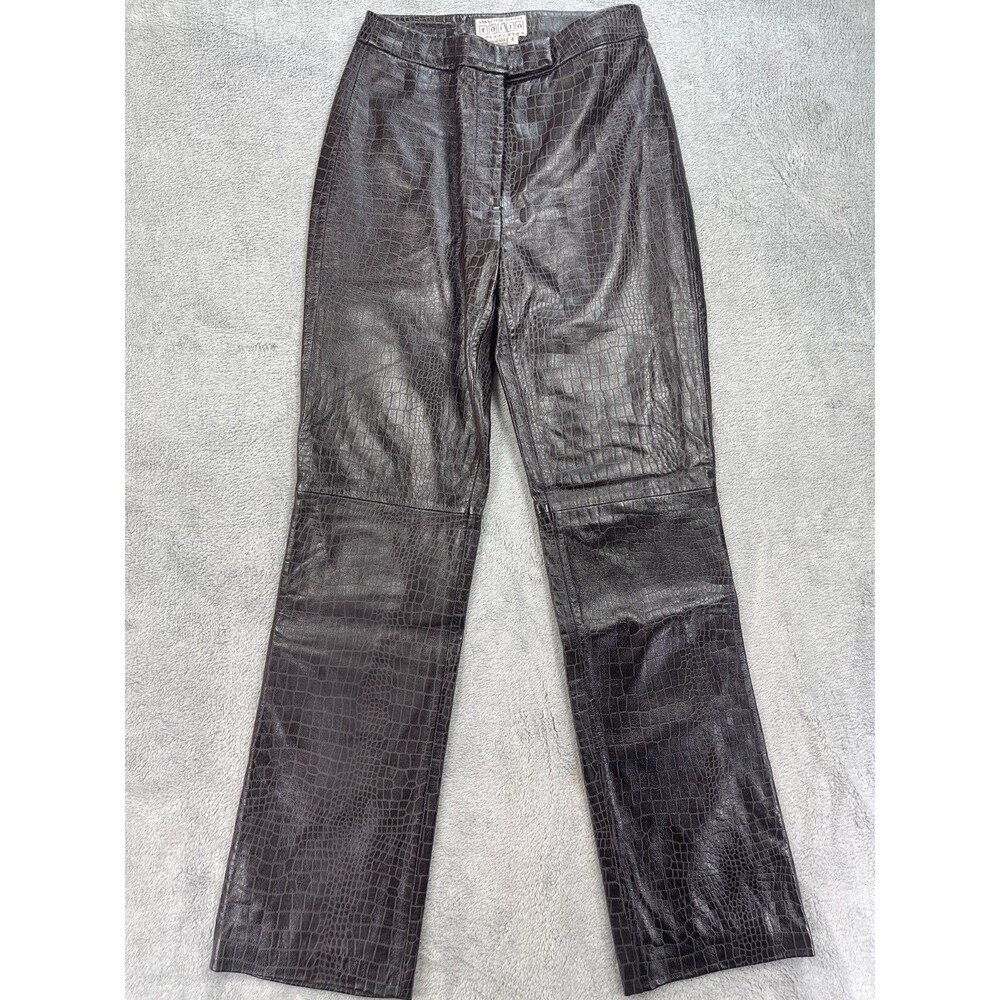 Folio Saks Fifth Avenue Pants Womens 4 Brown Croc Embossed Leather Straight Leg